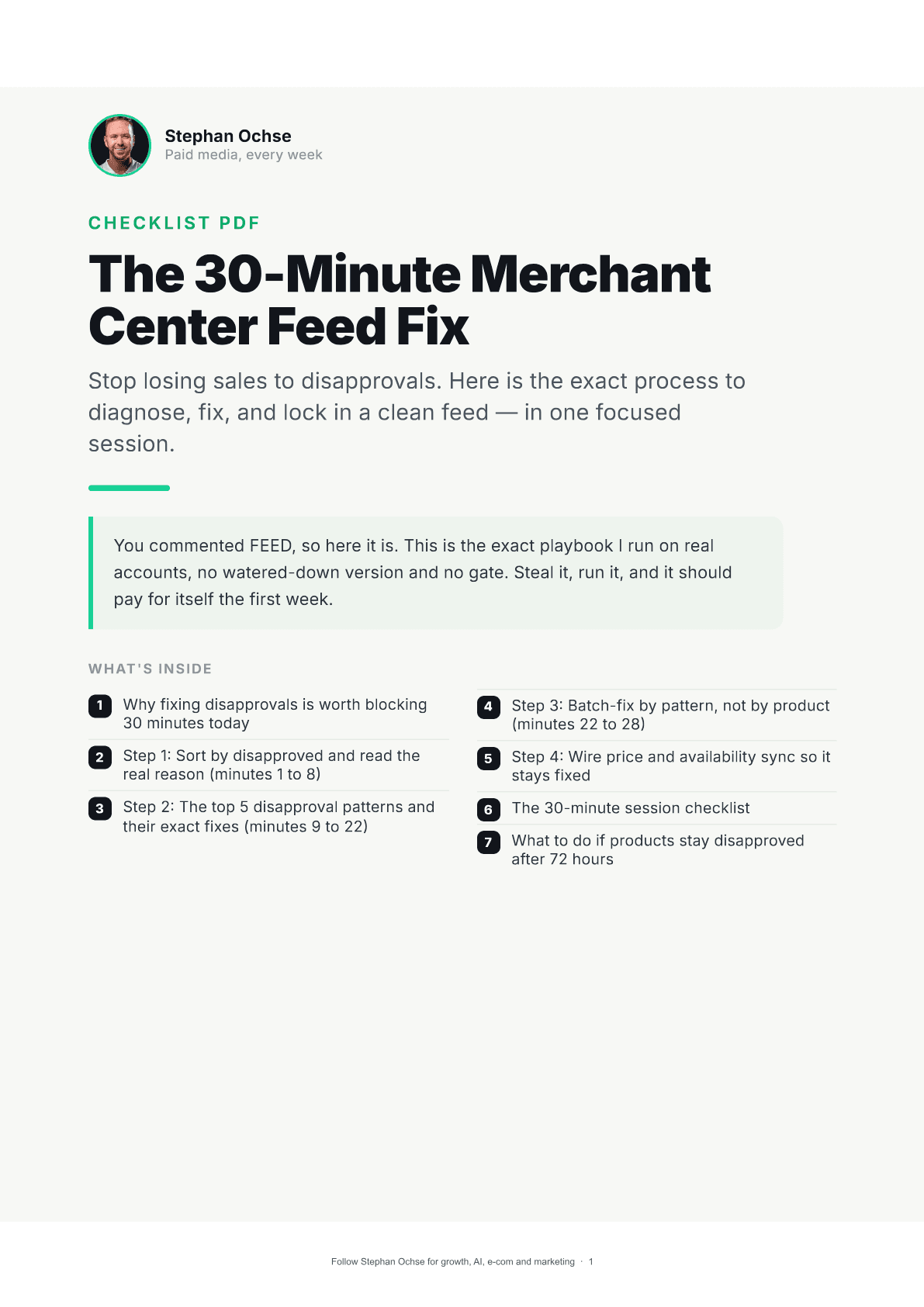 First page of The 30-Minute Merchant Center Feed Fix