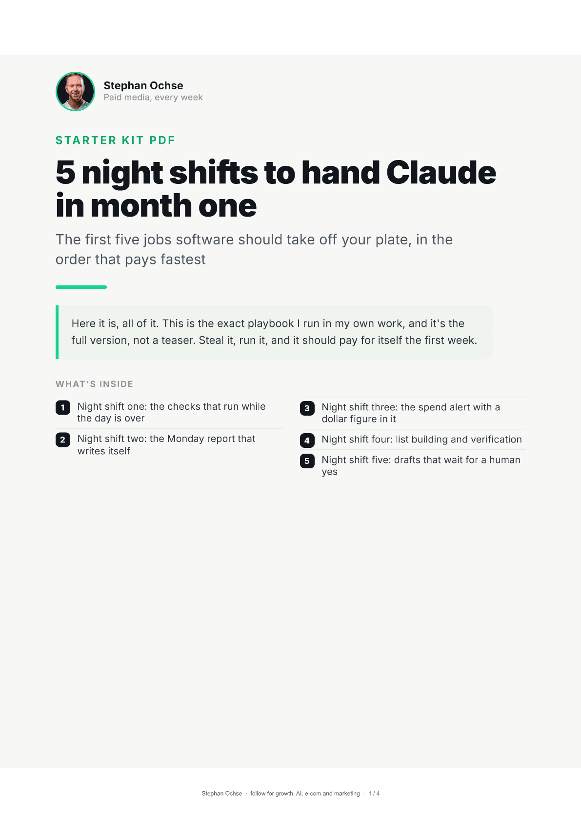 First page of 5 night shifts to hand Claude in month one