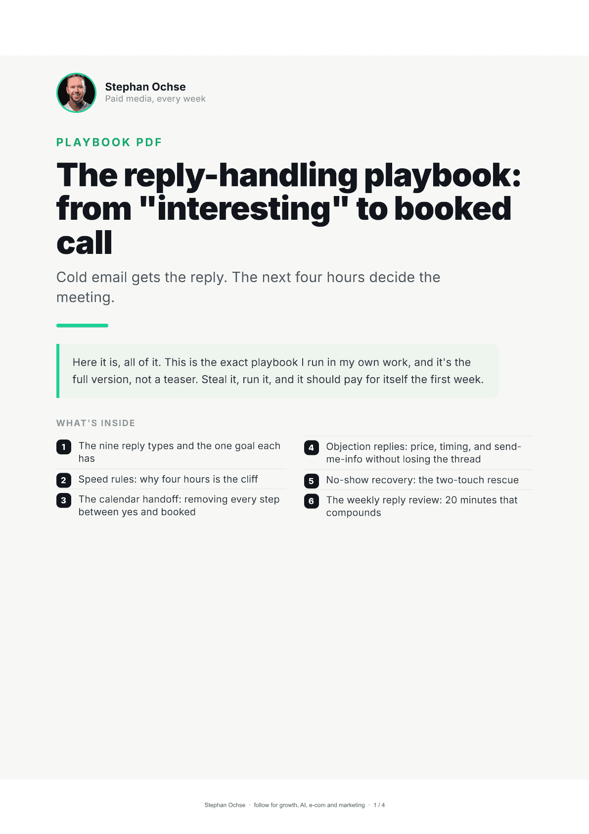 First page of The reply-handling playbook: from "interesting" to booked call