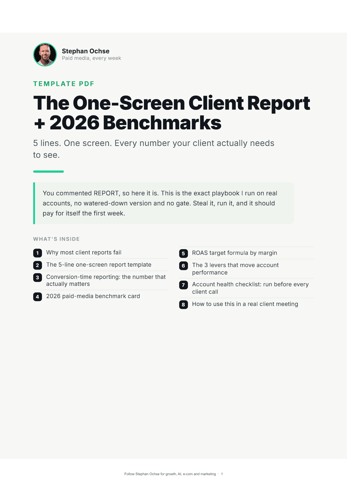 First page of The One-Screen Client Report + 2026 Benchmarks