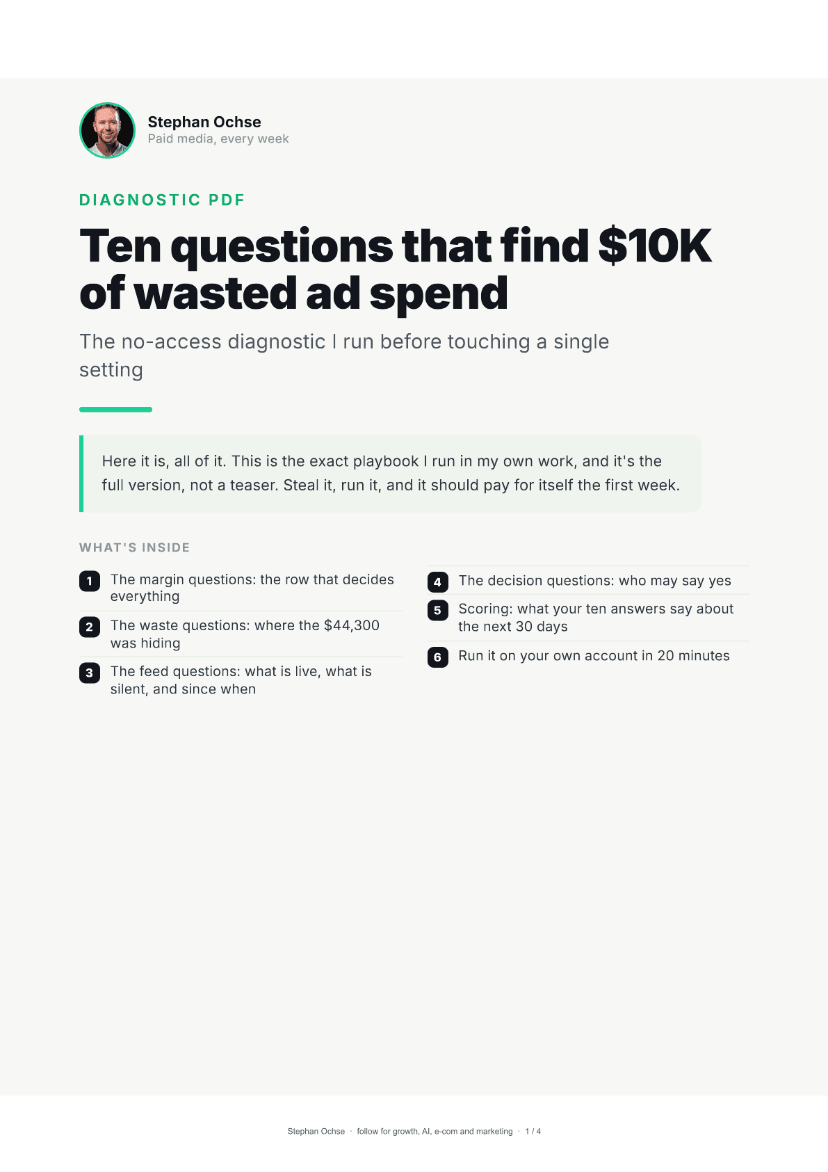 First page of Ten questions that find $10K of wasted ad spend