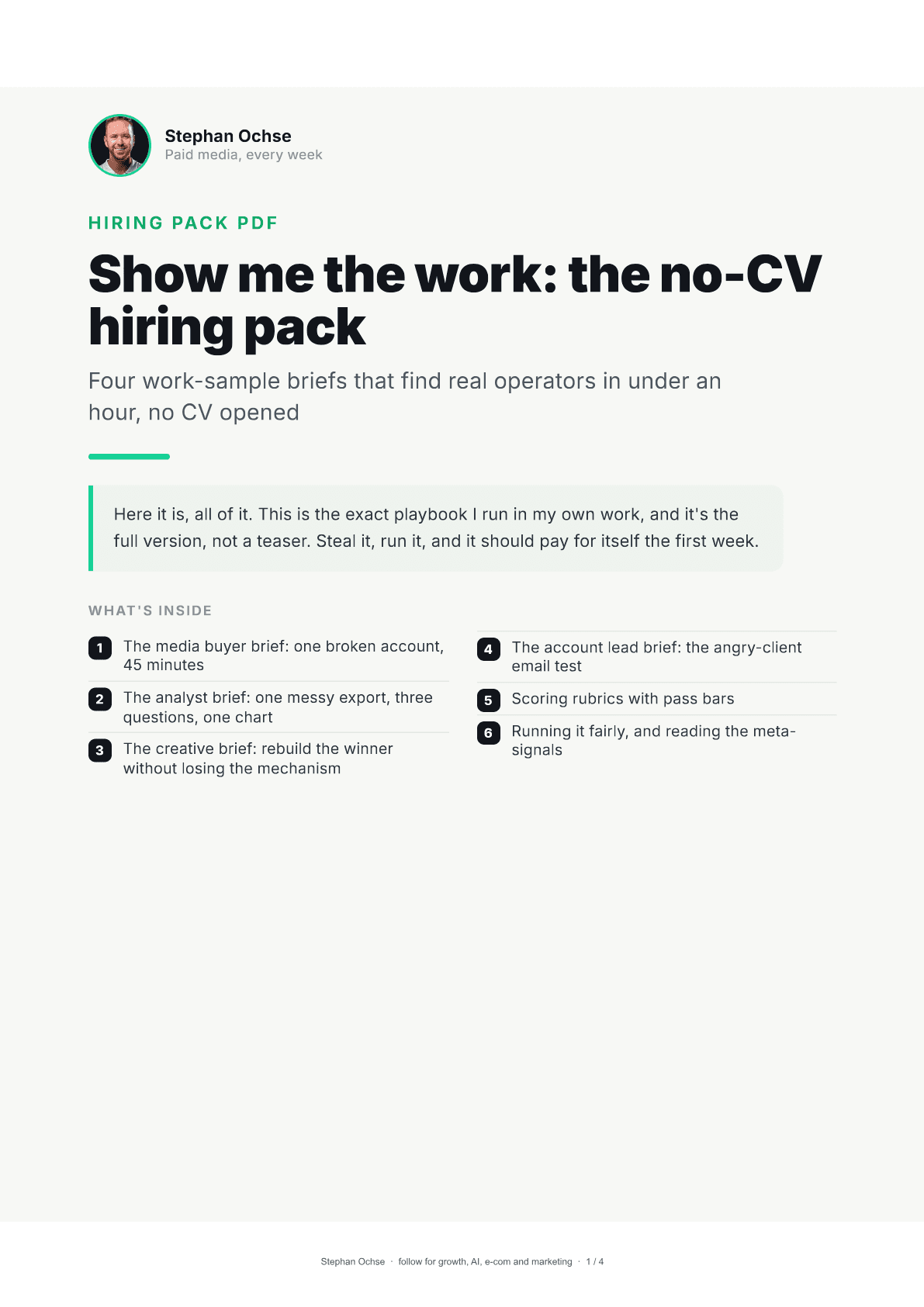 First page of Show me the work: the no-CV hiring pack